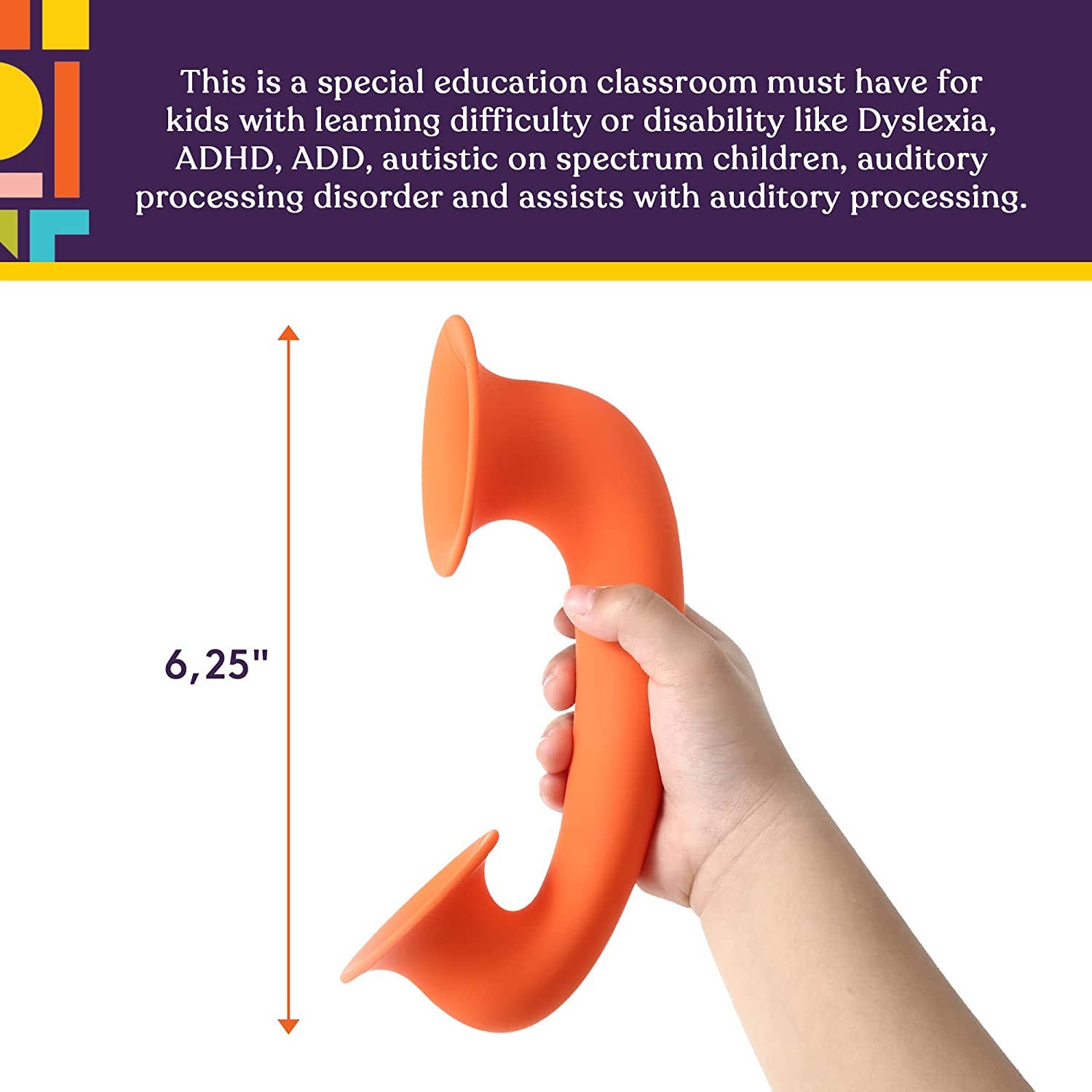 Orange letter 'J' held by a hand with measurement details on a white background