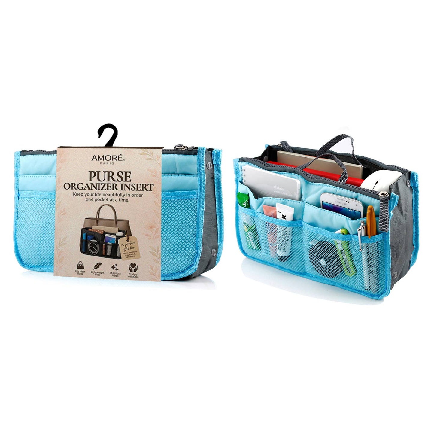 Travel Tote Handbag/Purse Insert Cosmetic Organizer: White-Red