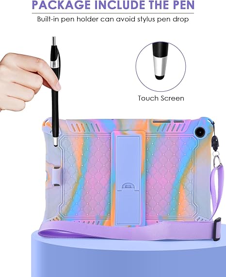 Colorful case with pen holder and stylus, on a light purple background
