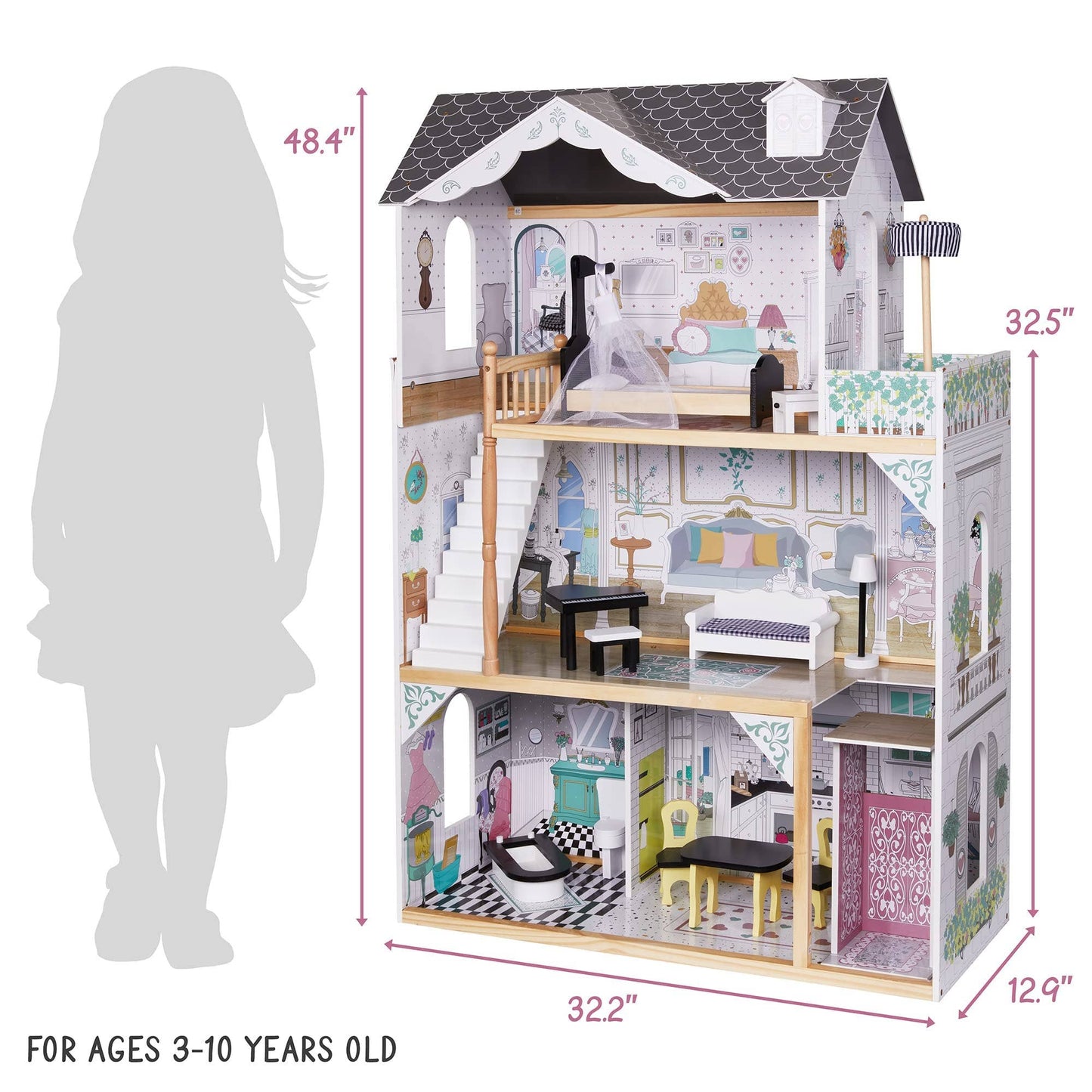 3-Story Wooden Doll House Set W/Elevator, Balcony & Stairs: Large