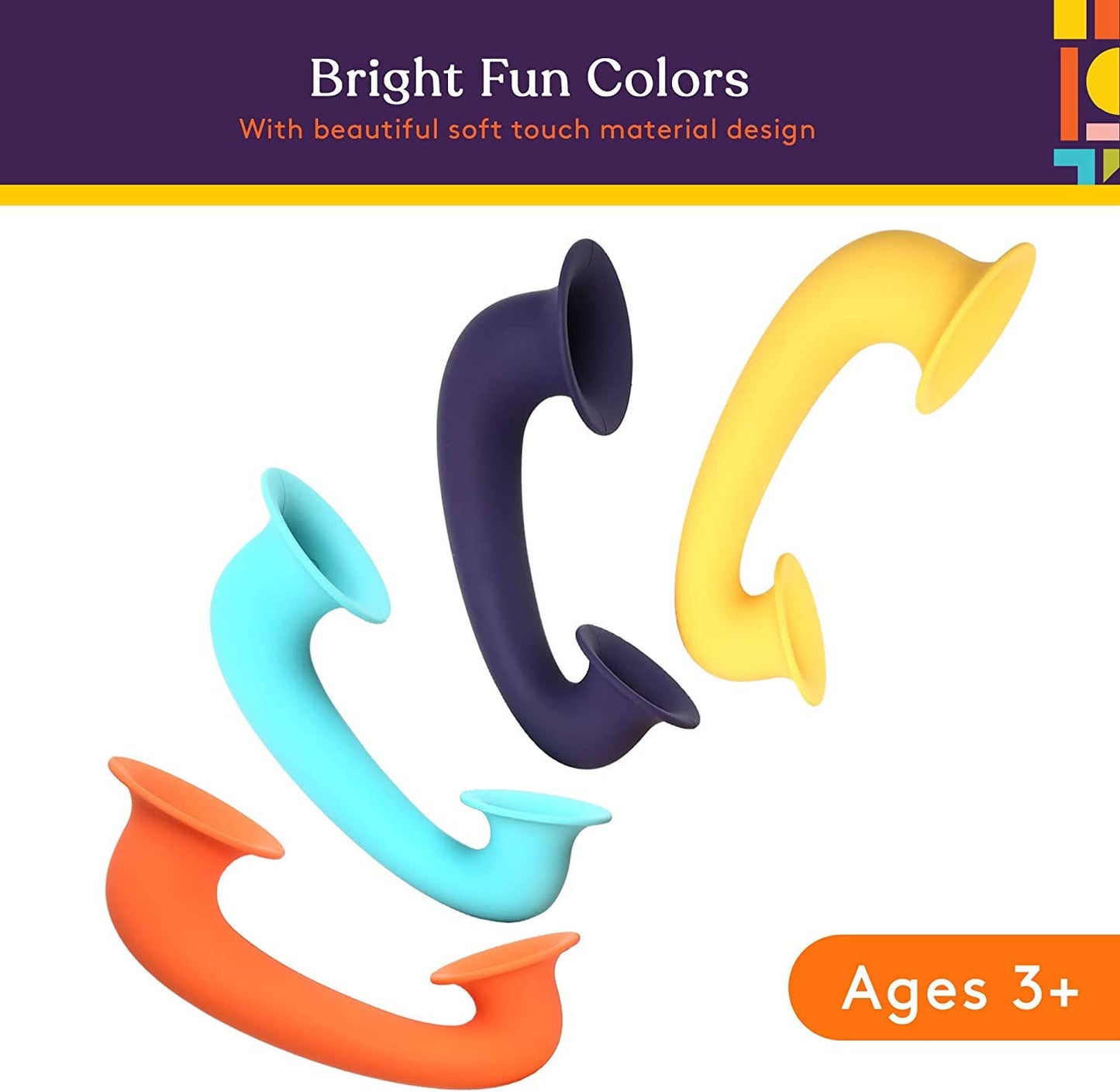 Four colorful silicone suction cups on a white background with text about bright fun colors and soft touch material.