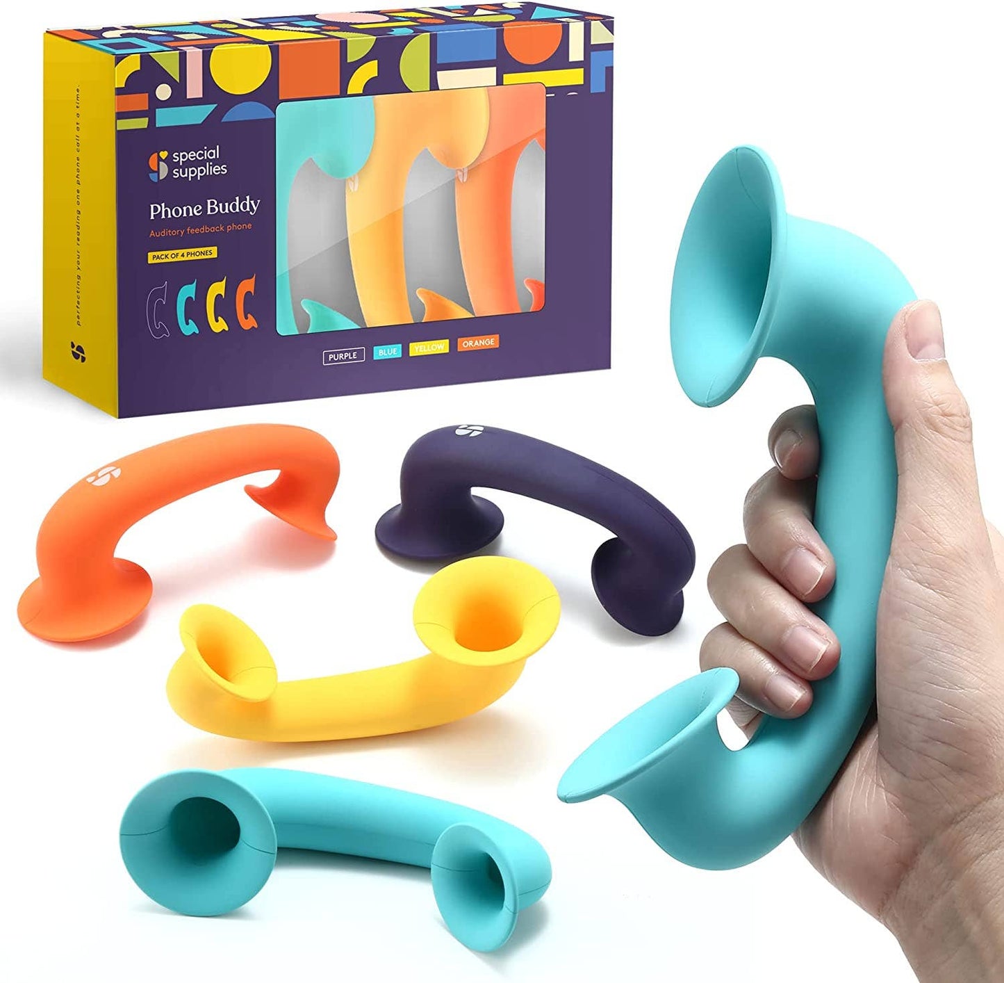 Colorful phone handle attachments with packaging and a hand holding one handle.