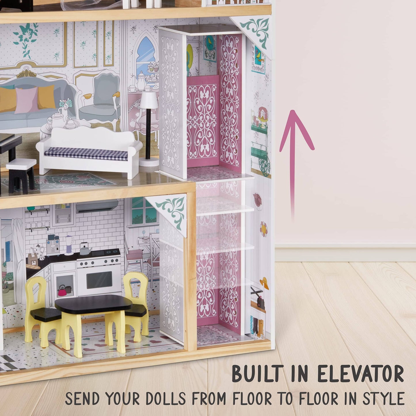 3-Story Wooden Doll House Set W/Elevator, Balcony & Stairs: Large