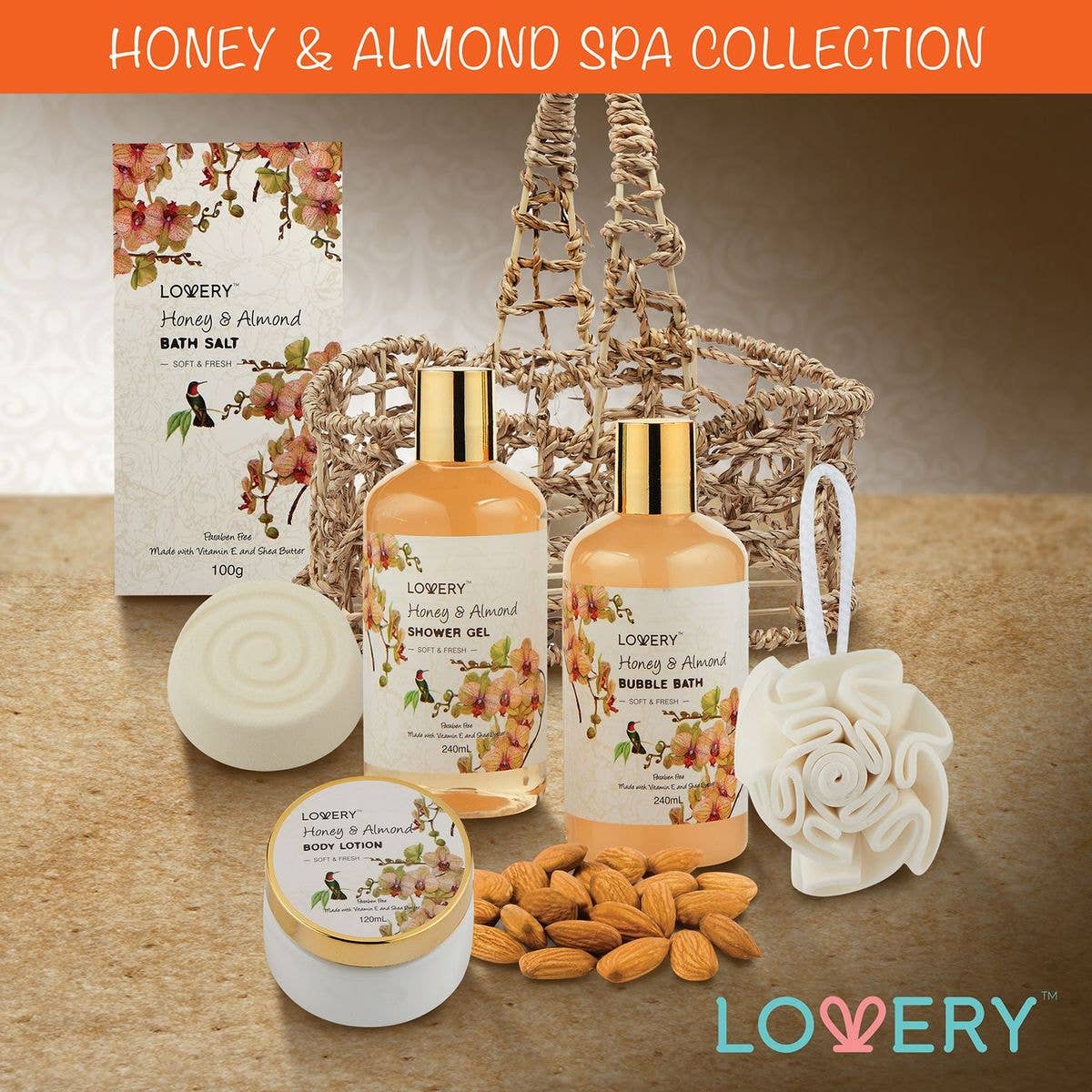 Honey & Almond Spa Collection with various products on a wooden surface, featuring the LOVERY brand.