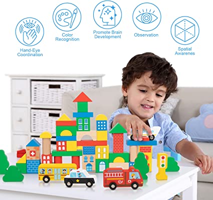 50 PCS City Building Blocks with Construction Building Sets，Wooden Building Blocks Preschool Educational Learning Toys