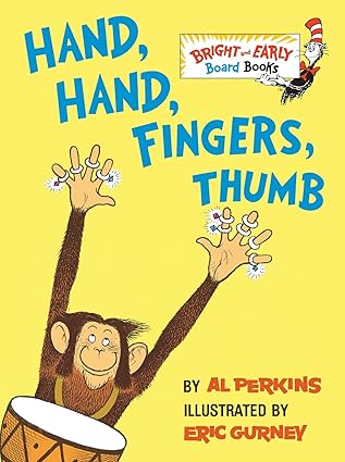 Book cover of 'Hand, Hand, Fingers, Thumb' with a monkey illustration on a yellow background.