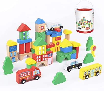 50 PCS City Building Blocks with Construction Building Sets，Wooden Building Blocks Preschool Educational Learning Toys