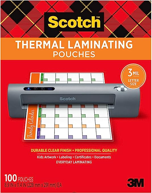 Scotch Thermal Laminating Pouches, 100 Pack Laminating Sheets, 3 Mil, 8.9 x 11.4 Inches