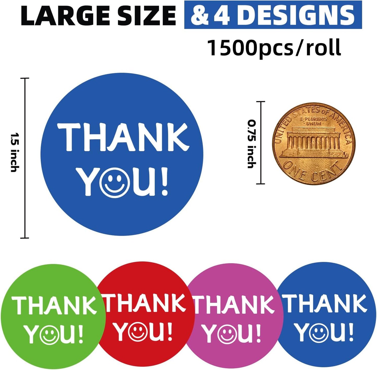 1500 Pack 1.5 Inch Round Thank You Stickers, 4 Colors (Purple Green Blue Red) Waterproof & Scratchproof Smiley Face Design, Strong Adhesive for Envelopes Gift Wrapping Small Business Packaging