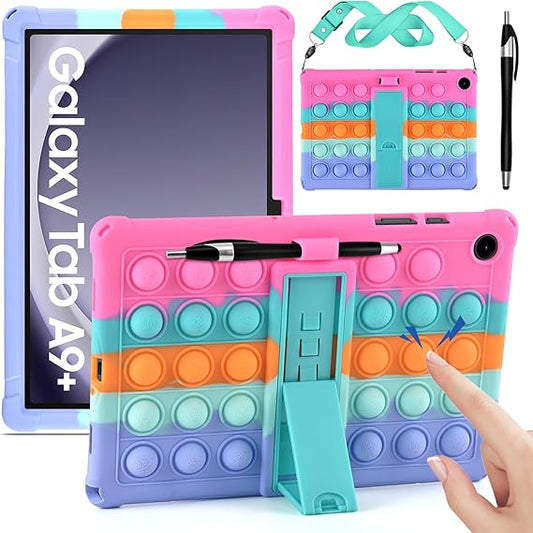 Samsung Galaxy Tab A9 Plus 11 inch 2023 (SM-X210/X216/X218), Multi-Viewing Angles, Soft Anti-Stress Cover with Shoulder Strap & Stylus Pen,Dazzling Pink