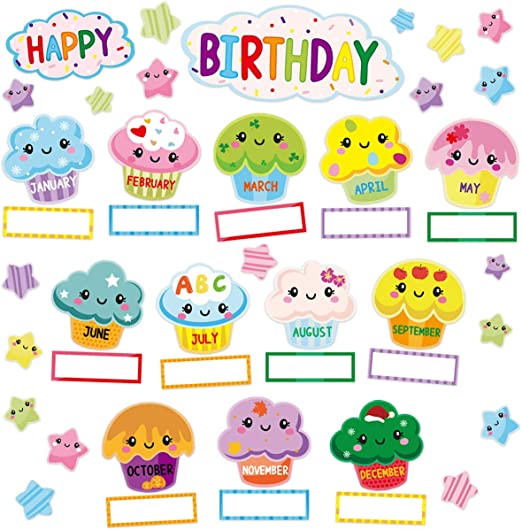 Happy Birthday Bulletin Board Set Sweet Bright Color Cupcake Classroom Decoration 78Pcs