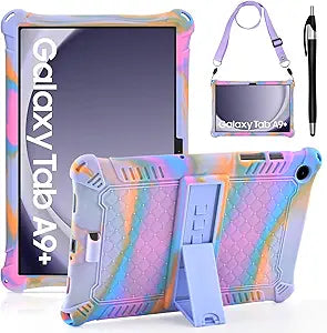 Colorful tablet case with stand and strap, Galaxy branding visible, on a white background.