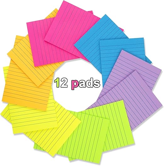12 Pack) Lined Sticky Notes 4x6 in Ruled Stickies Super Sticking Power Memo Pads Bright Colors