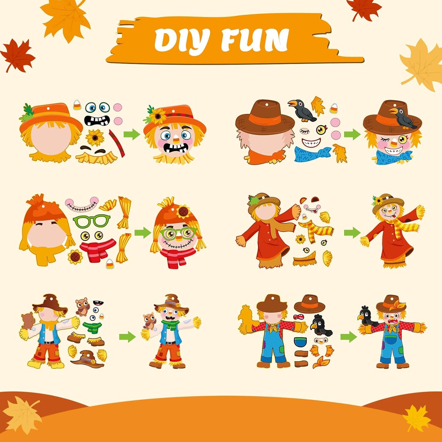 24 Sets Fall Crafts for Kids Scarecrow Craft Kit Bulk Thanksgiving Halloween Scarecrow Craft Stickers Make Your Own Scarecrow Ornaments for Halloween Autumn Birthday Party Supplies