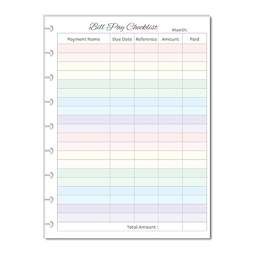 Colorful Monthly Budget Forms Bill Pay Checklist for Medium Size 9 Disc Planners, Fits 9-Disc Notebooks, 7"x9.25"
