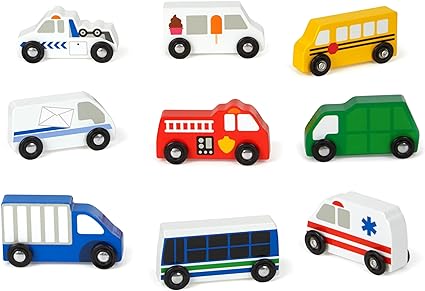 Melissa & Doug Wooden Town Vehicles Set in Wooden Tray (9 pcs)
