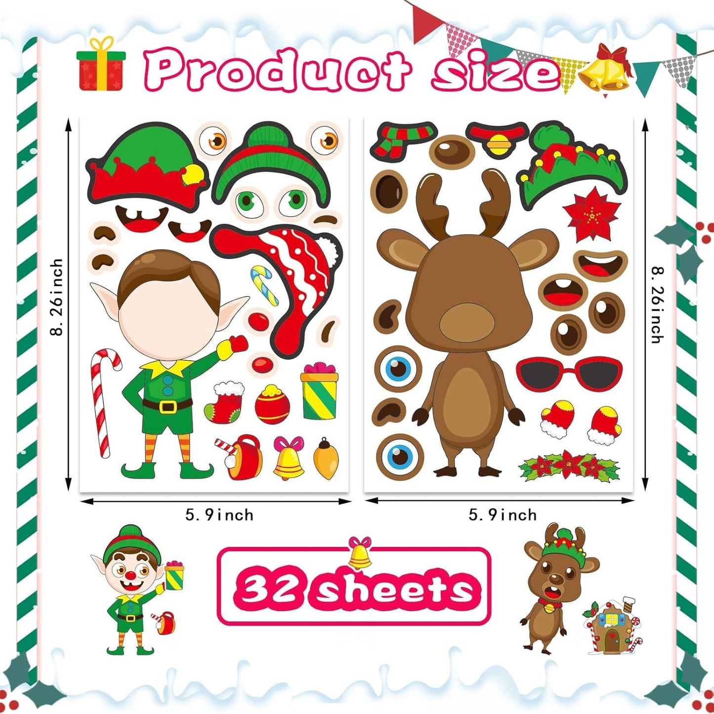 32 Sheets Christmas Stickers for Kids Toddlers Make-a-face Sticker Make Your Own Characters Sticker Xmas Holiday Stickers, Christmas Party Favor Supplies Christmas Stocking Stuffer Gifts