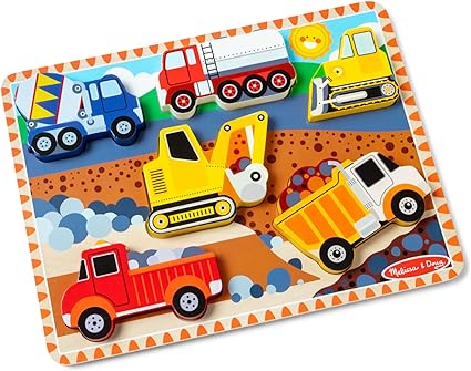 Melissa & Doug Construction Vehicles Wooden Chunky Puzzle (6 pcs), Multicolor, 11.95 x 8.95 x 1.0