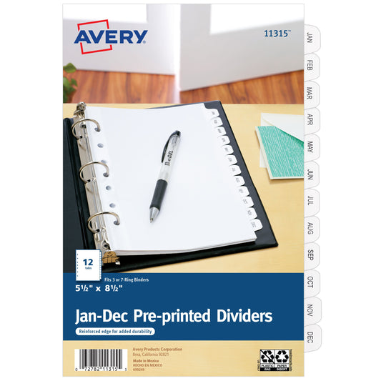 Avery® Mini Preprinted Dividers, 5-1/2" x 8-1/2", 12-Tab Set, Jan.-Dec.