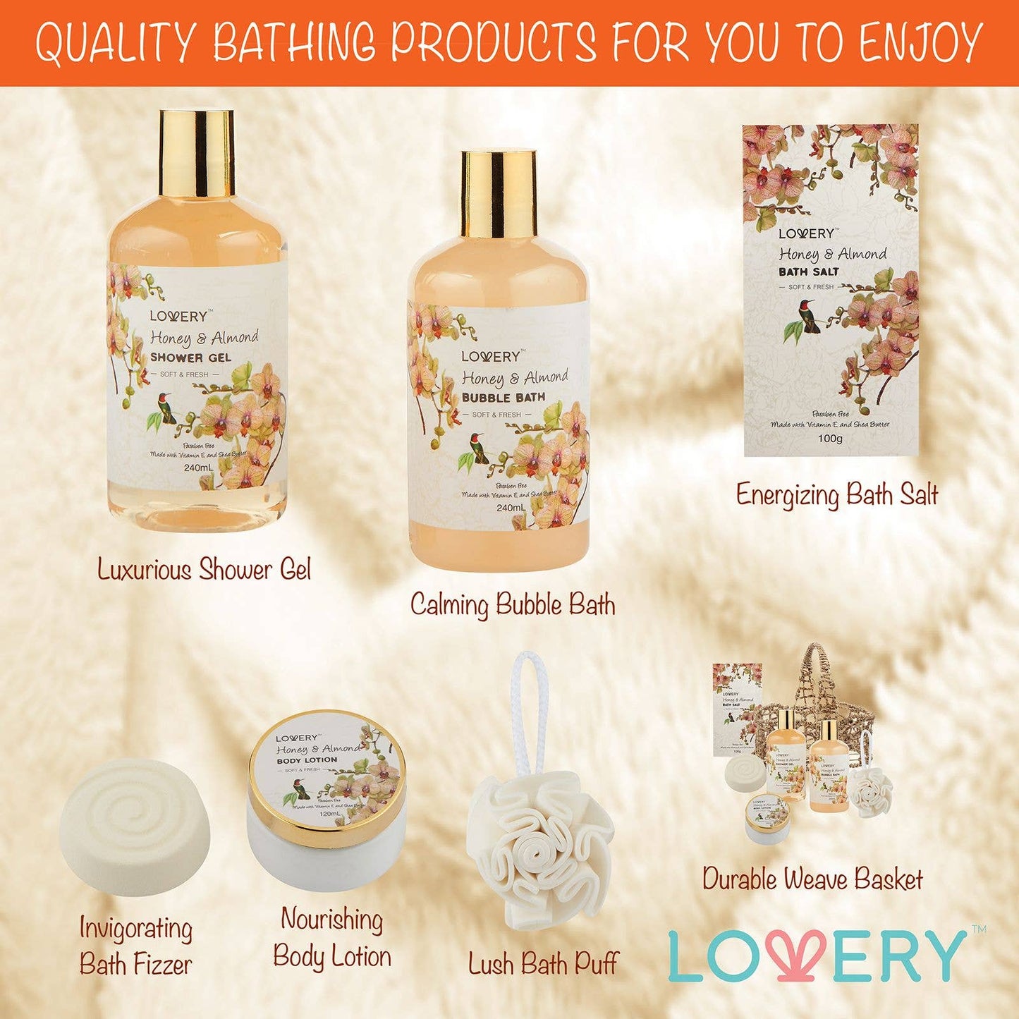 Collection of Lowery bath products including shower gel, bubble bath, bath salt, fizzer, lotion, and bath puff on a textured background.