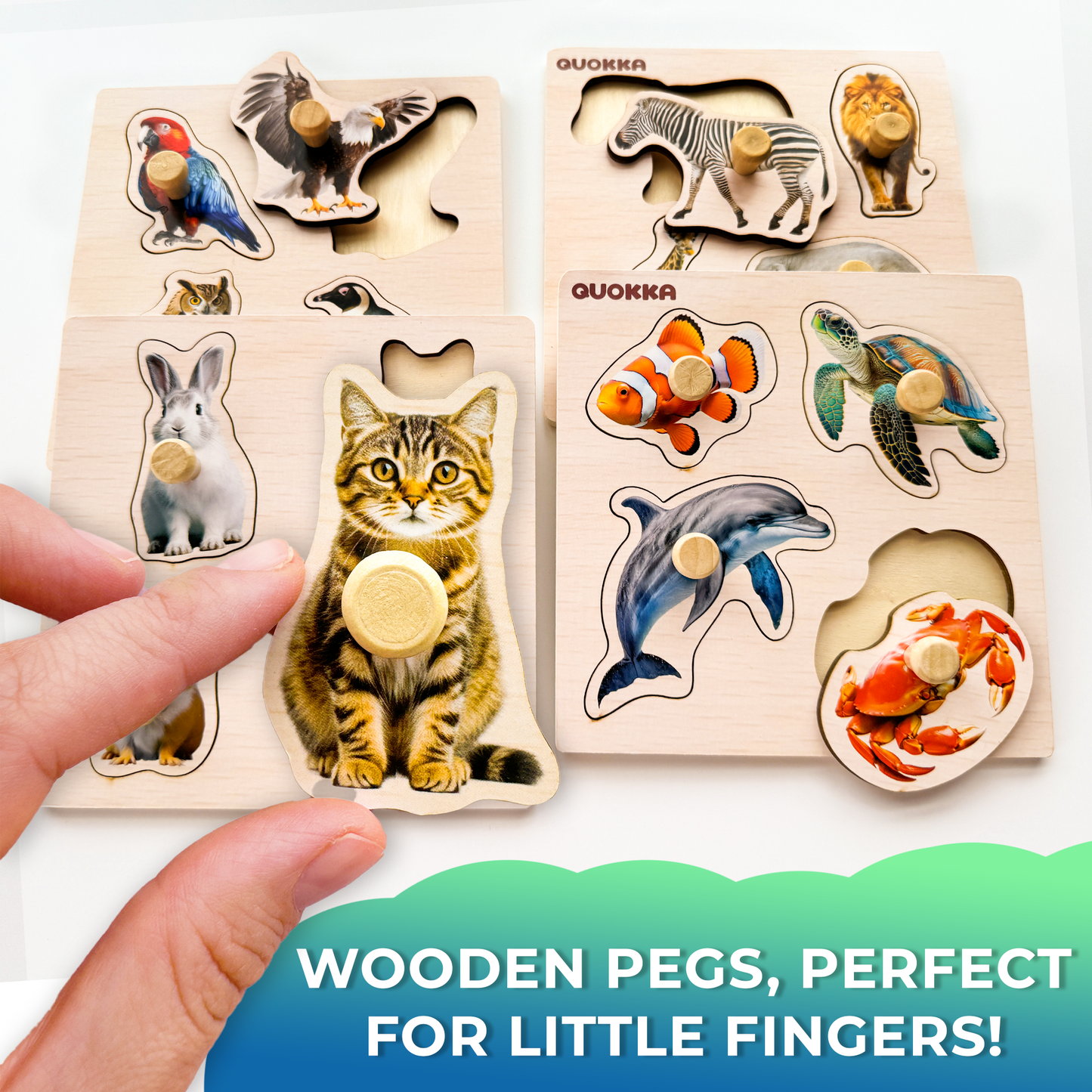 4xSET Wooden Pegged Puzzles for Toddlers | Animals