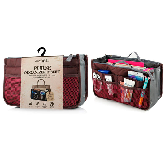Travel Tote Handbag/Purse Insert Cosmetic Organizer: White-Red