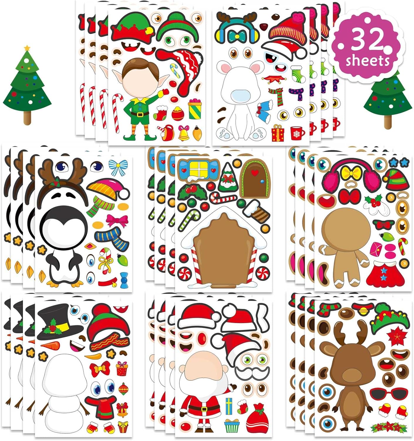 32 Sheets Christmas Stickers for Kids Toddlers Make-a-face Sticker Make Your Own Characters Sticker Xmas Holiday Stickers, Christmas Party Favor Supplies Christmas Stocking Stuffer Gifts