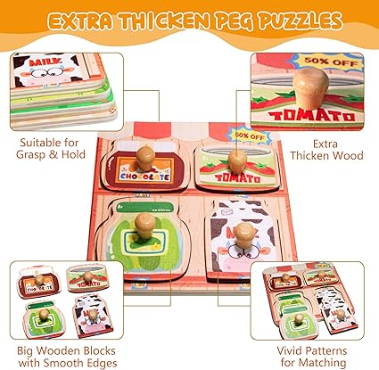 Wooden Puzzles for Toddlers, 4 Pcs Peg Puzzles for Kids 2-4