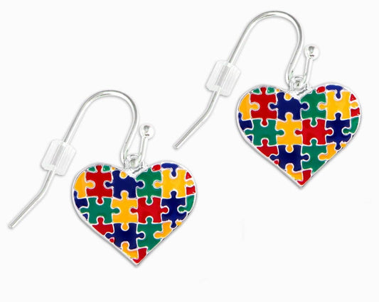 Puzzle Piece Autism Awareness Multicolored Heart Hanging Earrings: 1 Pair