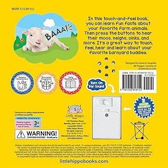 Back cover of a children's book about farm animals with text and graphics.