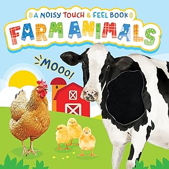 Book cover of 'Farm Animals' with a cow, chicken, and chicks on a farm background.