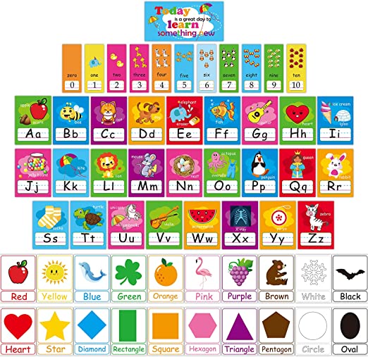 58 Pieces Educational Preschool Cards Kids Early Learning Poster Alphabet Number Colors and Shapes Bulletin Board Decoration