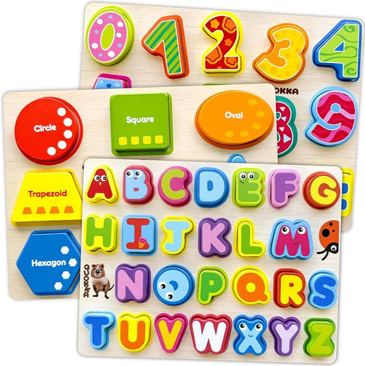 QUOKKA Wooden Puzzles for Toddlers 1-3 - Chunky Toddler Puzzles Ages 2-4 - Learning Travel Game with Numbers Alphabet Shapes - Wood Educational Gift for Boys and Girls