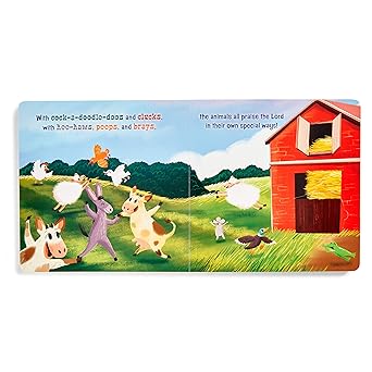 Children's book page with farm animals and a barn on a white background