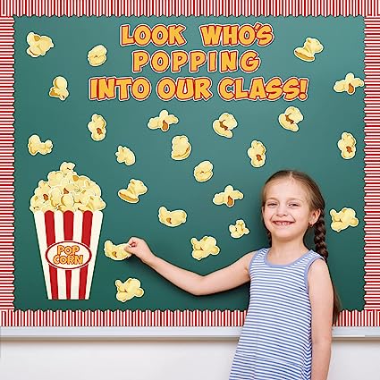 113Pcs Popcorn Bulletin Board Back to School Decoration Cutouts Set with Look Who’s Popping