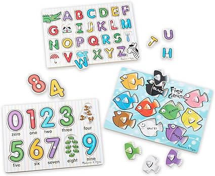 Melissa & Doug Classic Wooden Peg Puzzles (Set of 3) - Numbers, Alphabet, and Colors - Toddler Learning Toys