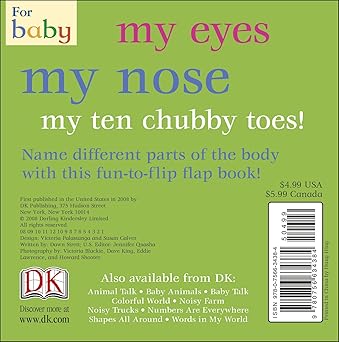 Back cover of a book titled 'For Baby: My Eyes, My Nose, My Ten Chubby Toes!' with DK branding.