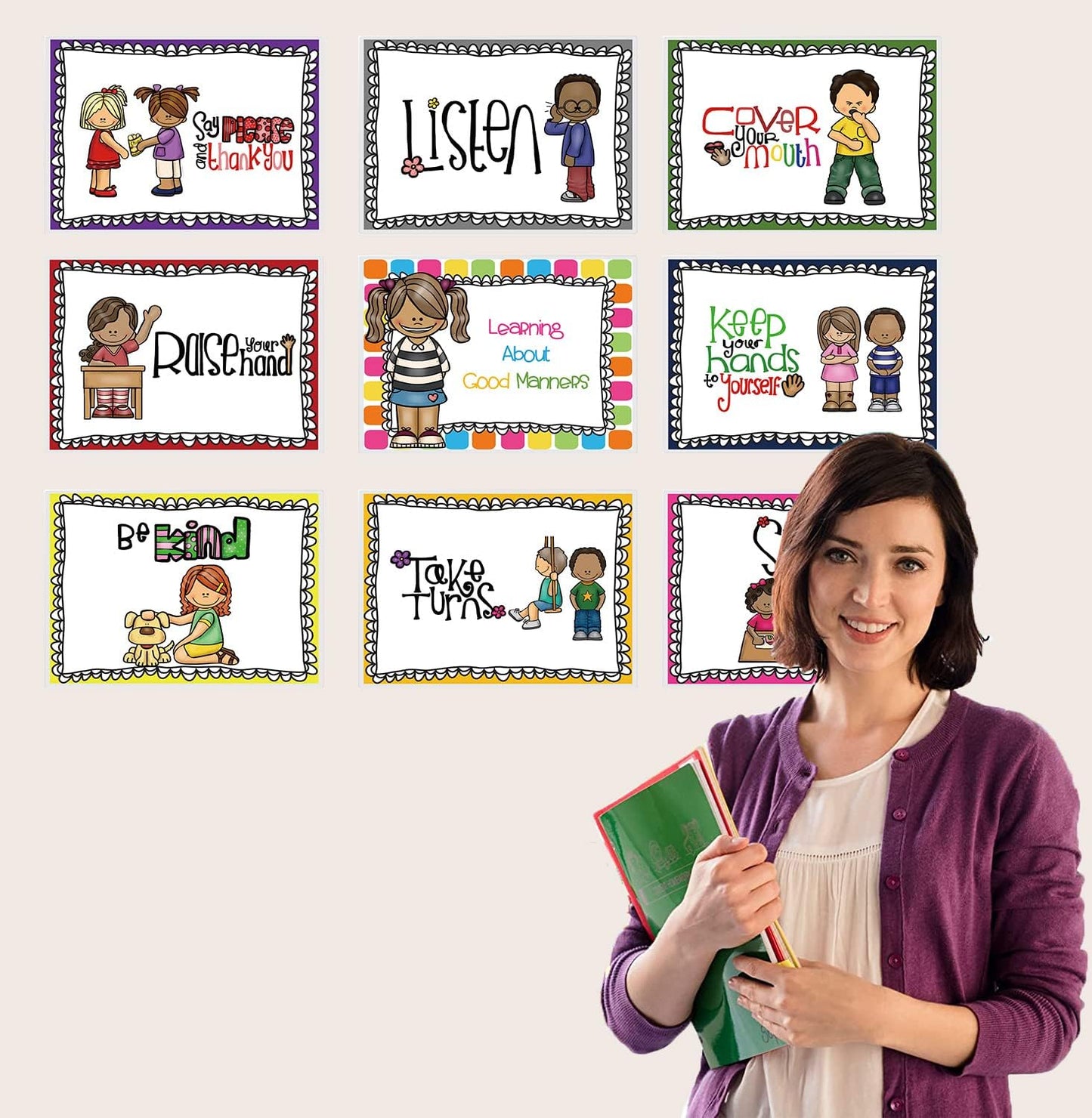 DFZUS 9 Classroom Rules Posters Classroom Bulletin Board Decorations Set Good Habits Chart for Kindergarten Preschool Primary School Banner Rules Signs for centers
