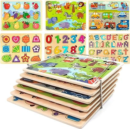 Wooden Puzzles for Toddlers 1-3 with Storage Rack, WOOD CITY Toddler Puzzles Ages 2-4 for Kids, Learning Preschool Wood Puzzle for Boys and Girls-6 Pack Alphabet Number Shape Fruit Animal Vehicle