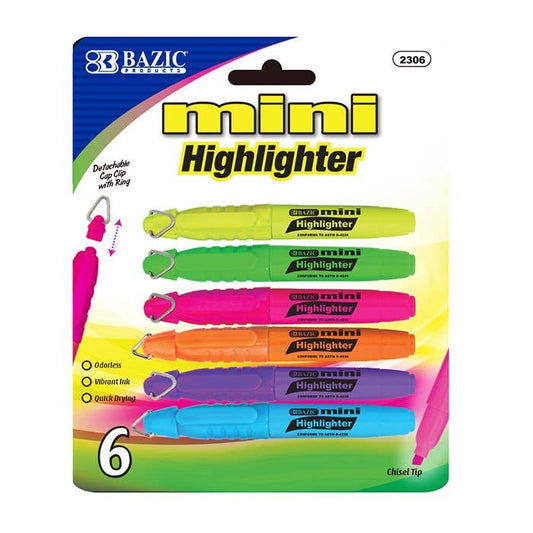 Mini Fluorescent Highlighter with Cap Clip: 6/pack