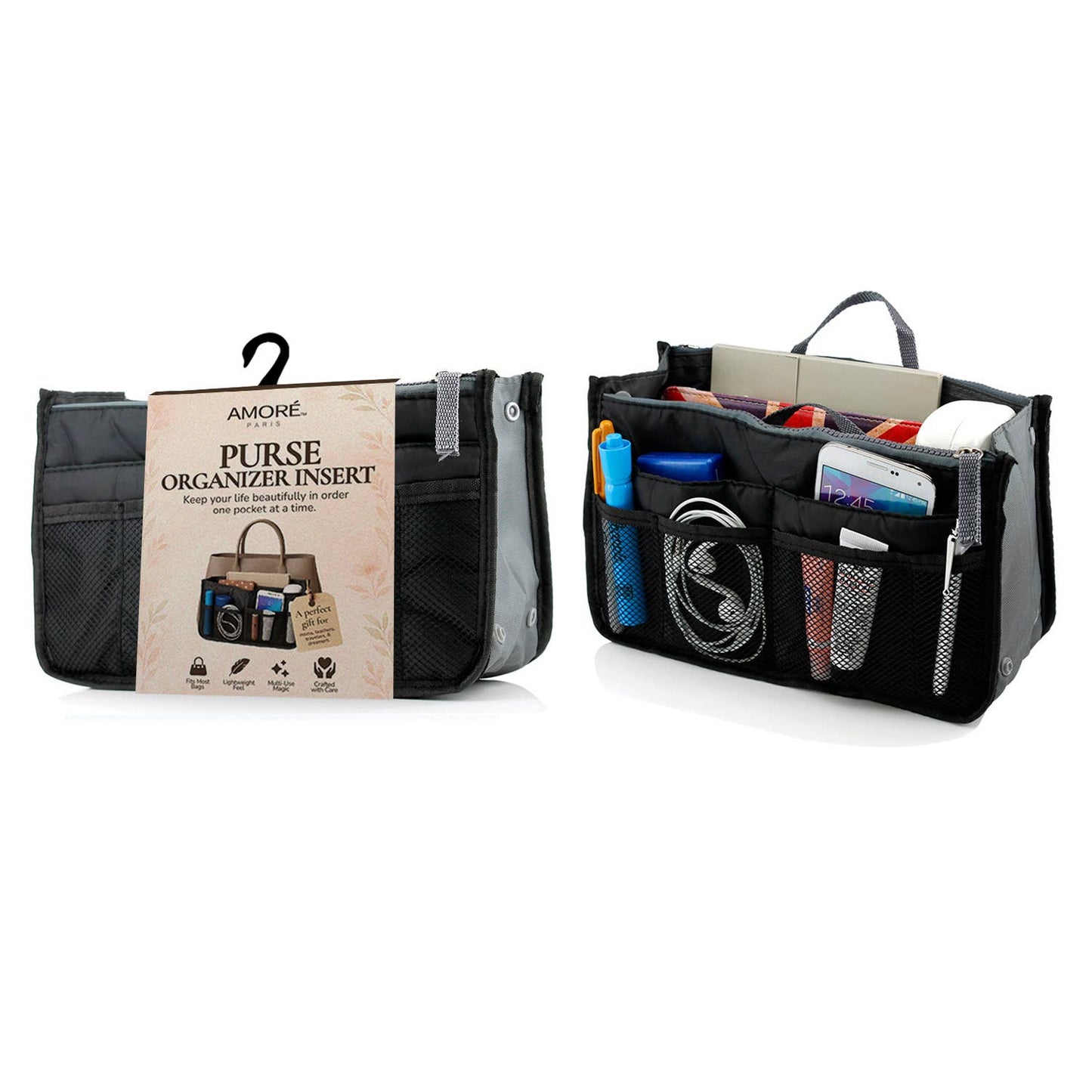 Travel Tote Handbag/Purse Insert Cosmetic Organizer: White-Red