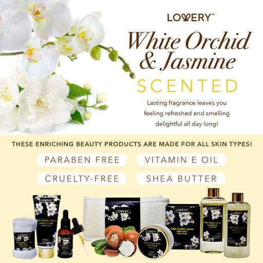 Lovery White Orchid & Jasmine scented product line with flowers and packaging on a beige background