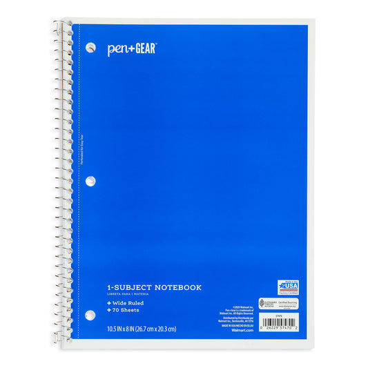 Pen+Gear 1-Subject Notebook, Wide Ruled, Blue, 70 Sheets