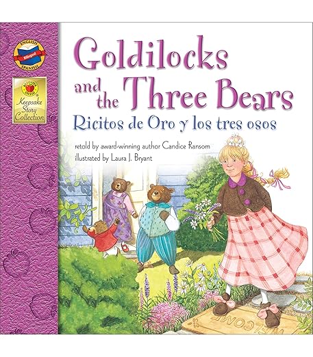 Children's book cover of 'Goldilocks and the Three Bears' with colorful illustration and purple border.