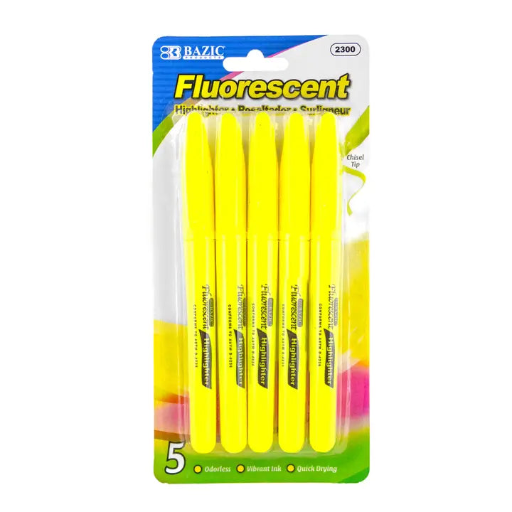 Highlighters - 5 Count, Fluorescent Yellow