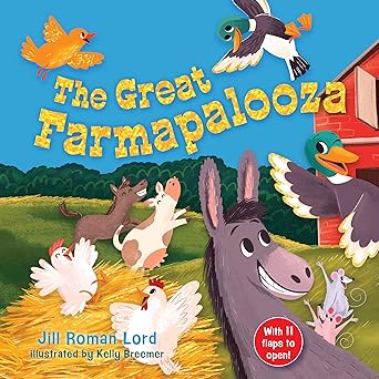 Book cover of 'The Great Farmapalooza' with farm animals and colorful text.