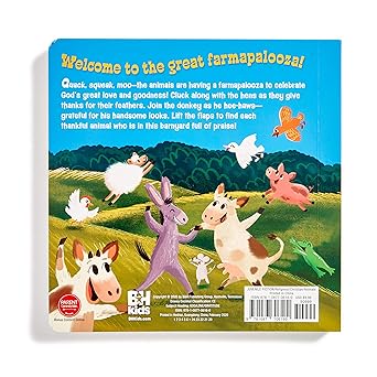 Back cover of a children's book with farm animals and a colorful landscape