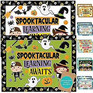 76 Pcs Halloween Bulletin Board Decorations Set with Background Papers & Borders