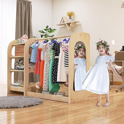 Kids Dress Up Storage with Mirror, Montessori Kids Dress Up Rack