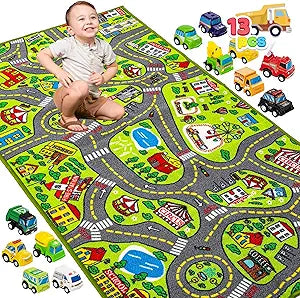 12 Pull-Back Vehicle Set - Durable Carpet Playmat Rug - City Pretend Play